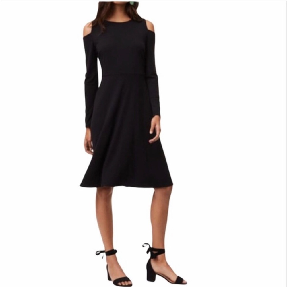 Black fit and flare dress with open shoulders